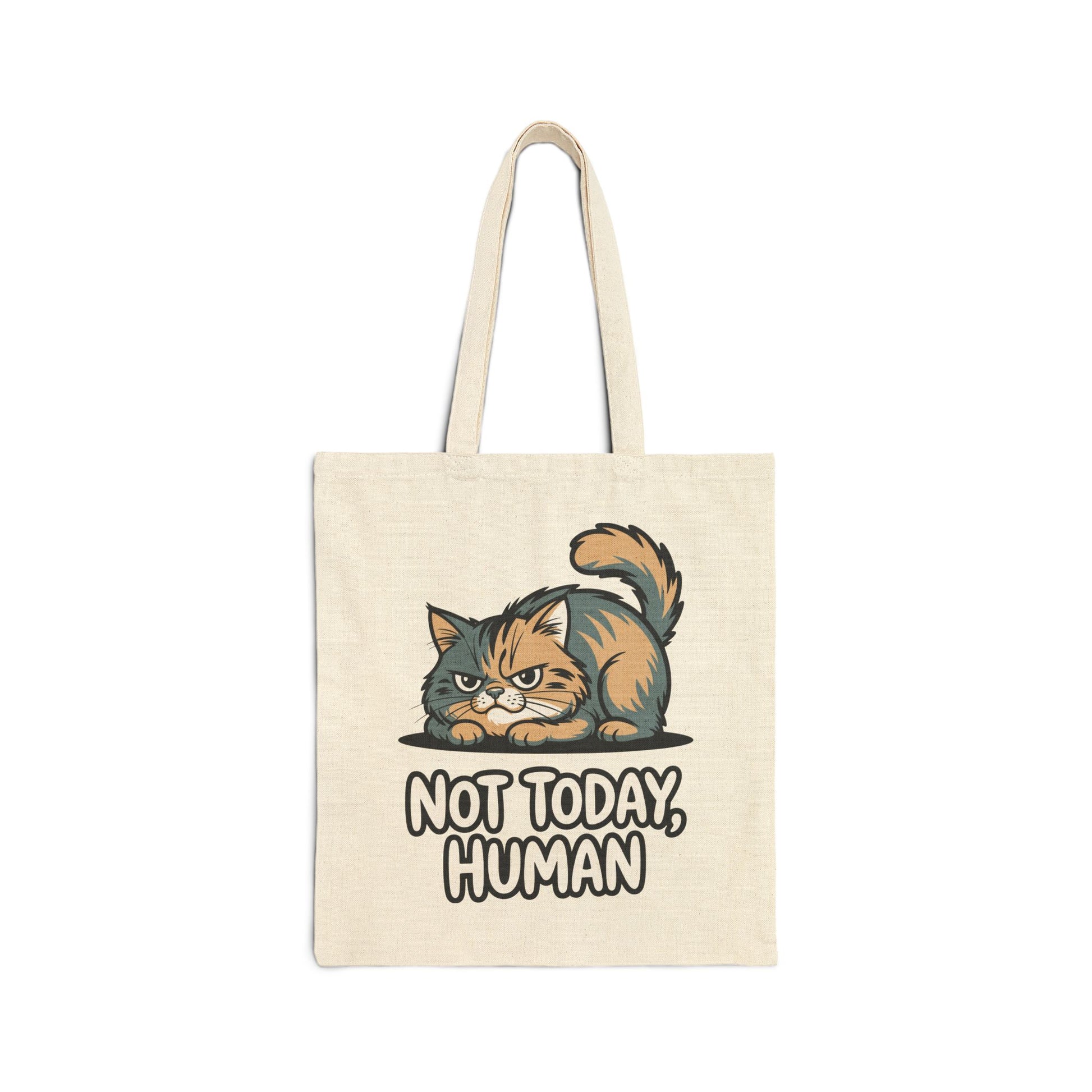 TEEZOCA tote bag with Not Today Human text and grumpy cat illustration