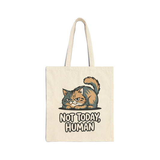 TEEZOCA tote bag with Not Today Human text and grumpy cat illustration
