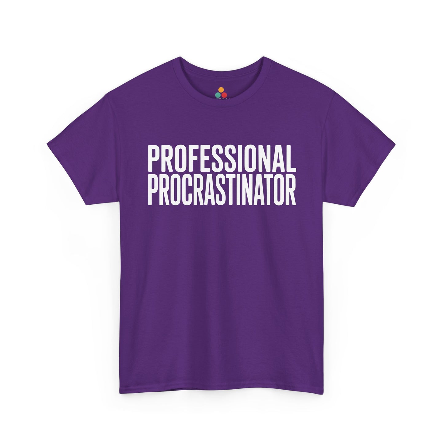 Purple t-shirt with 'PROFESSIONAL PROCRASTINATOR' text on a white background  | TEEZOCA