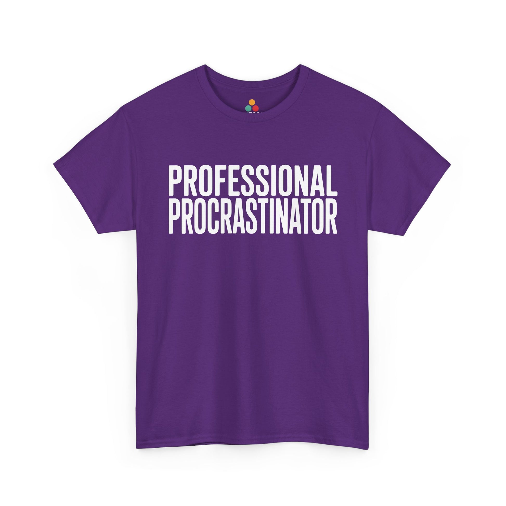 Purple t-shirt with 'PROFESSIONAL PROCRASTINATOR' text on a white background  | TEEZOCA
