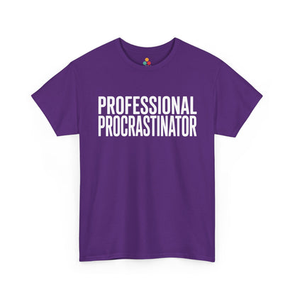 Purple t-shirt with 'PROFESSIONAL PROCRASTINATOR' text on a white background  | TEEZOCA