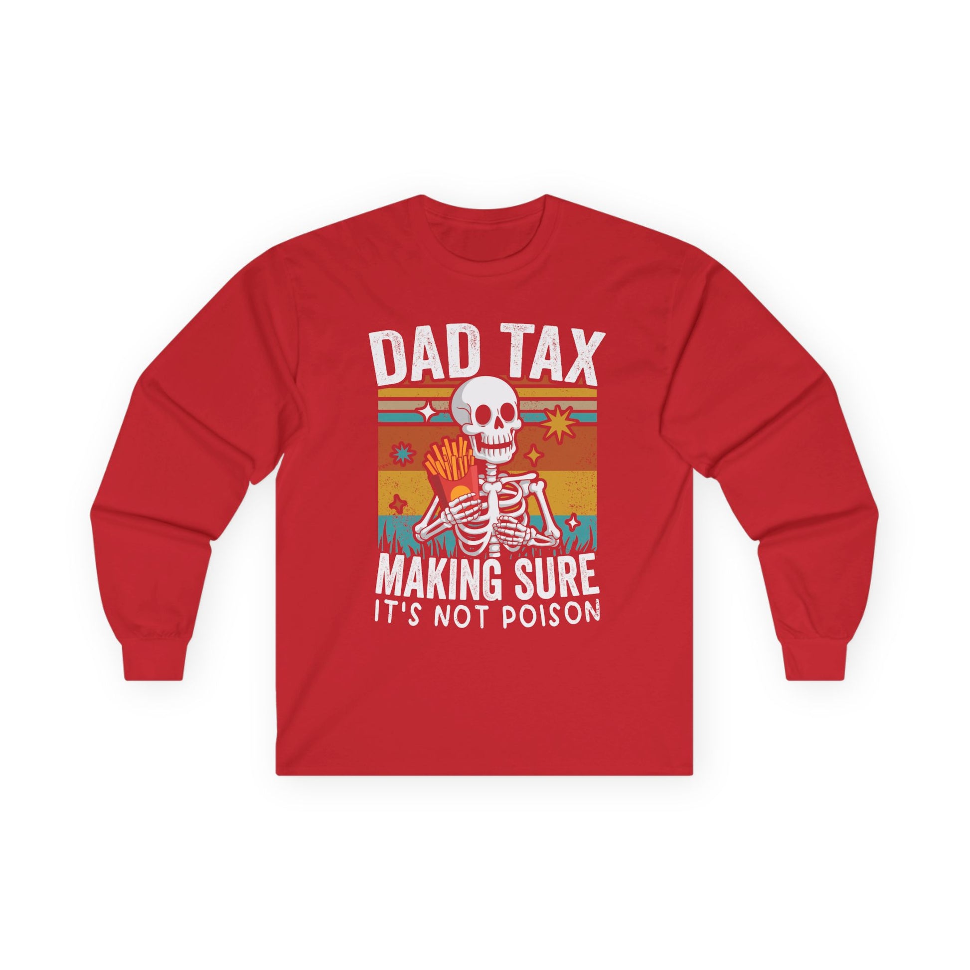 Red long-sleeve shirt with skeleton graphic and text on a white background