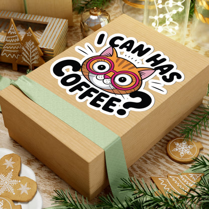 Wooden gift box with an owl sticker asking 'I can has coffee?' on a festive background with cookies and lights. TEEZOCA