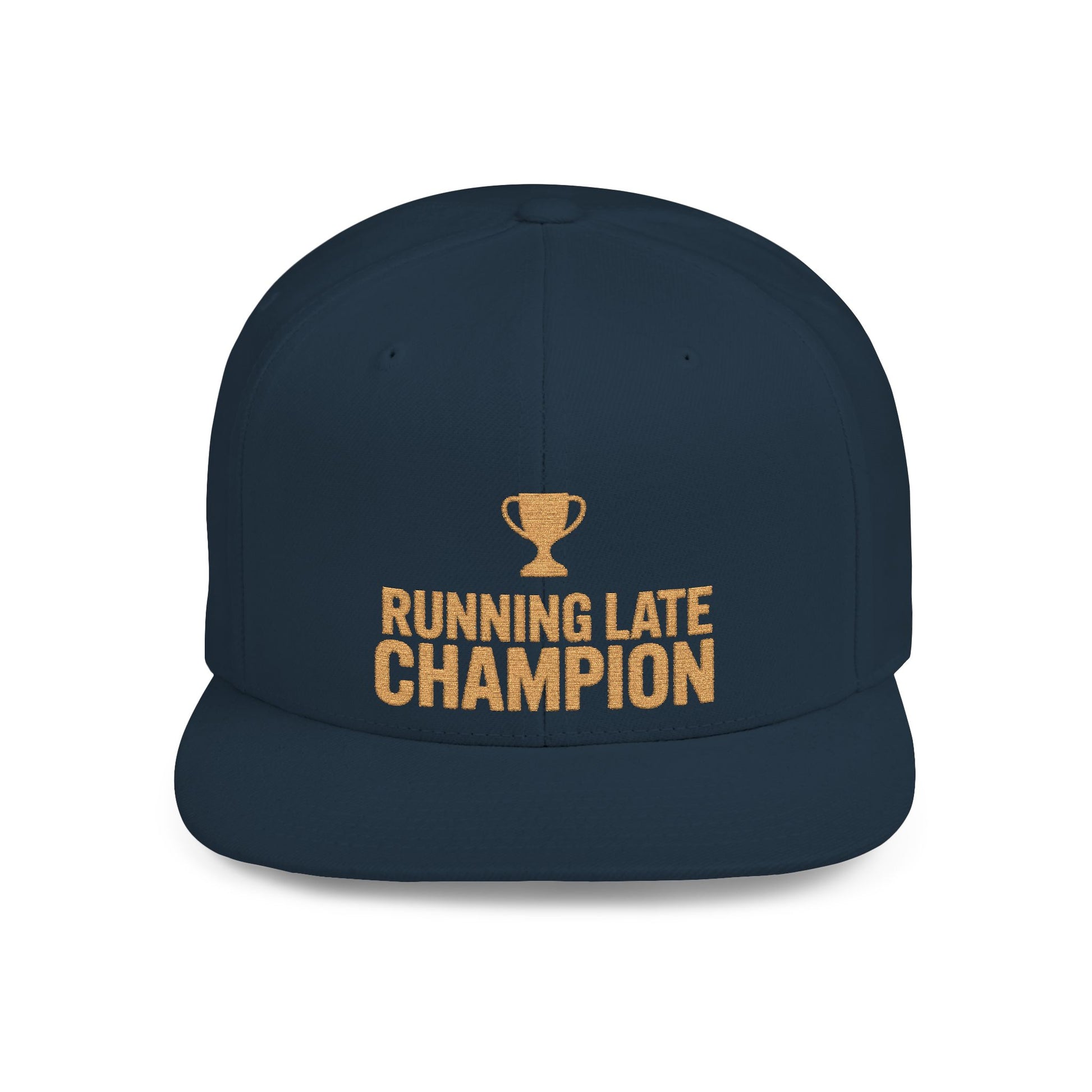 Navy blue cap with 'Running Late Champion' text and trophy graphic on a white background