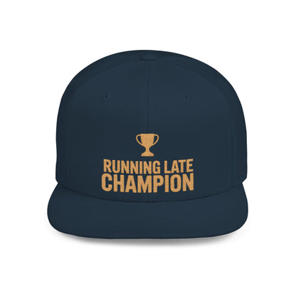 Navy blue cap with 'Running Late Champion' text and trophy graphic on a white background