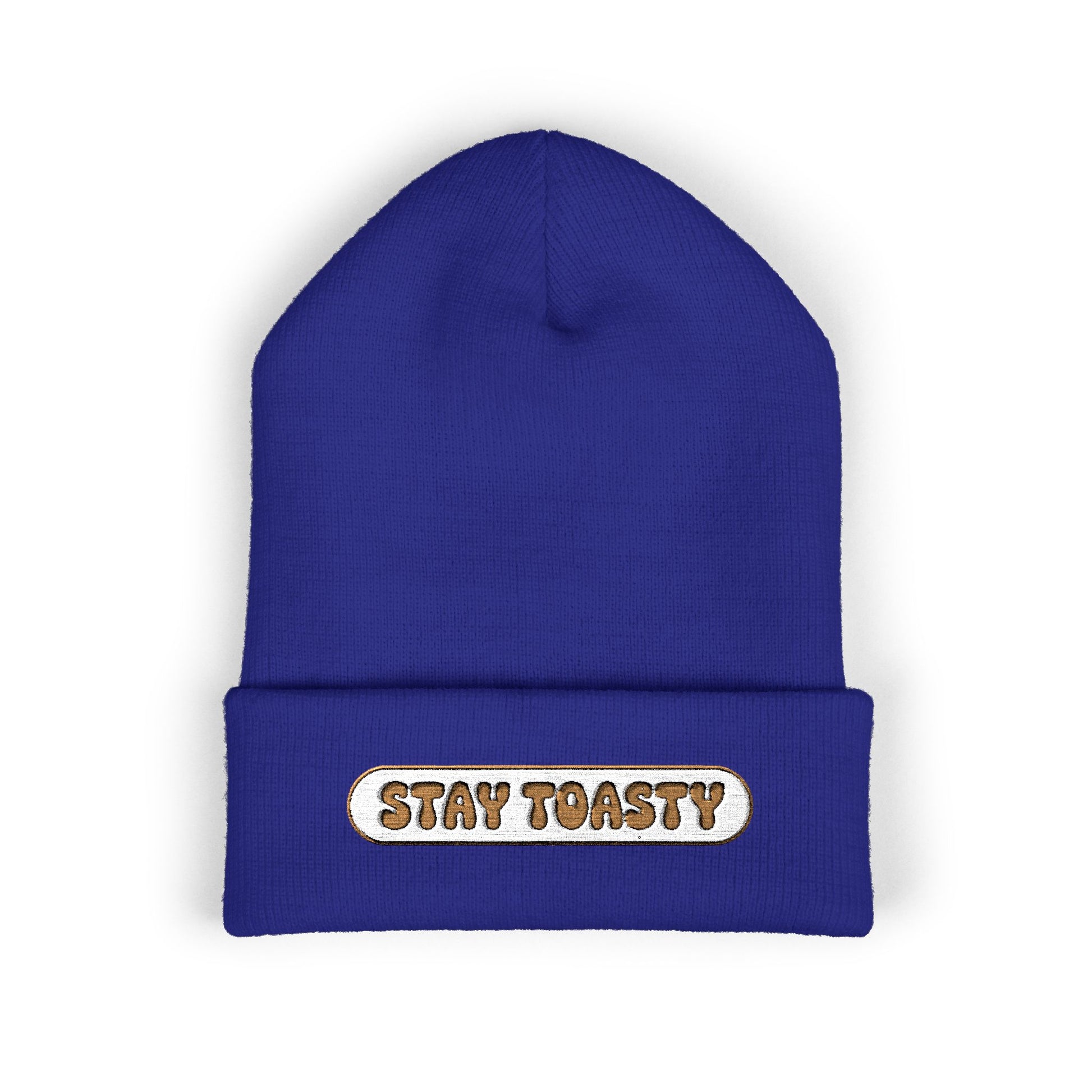 Blue beanie with 'Stay Toasty' text on a white background