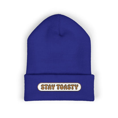 Blue beanie with 'Stay Toasty' text on a white background