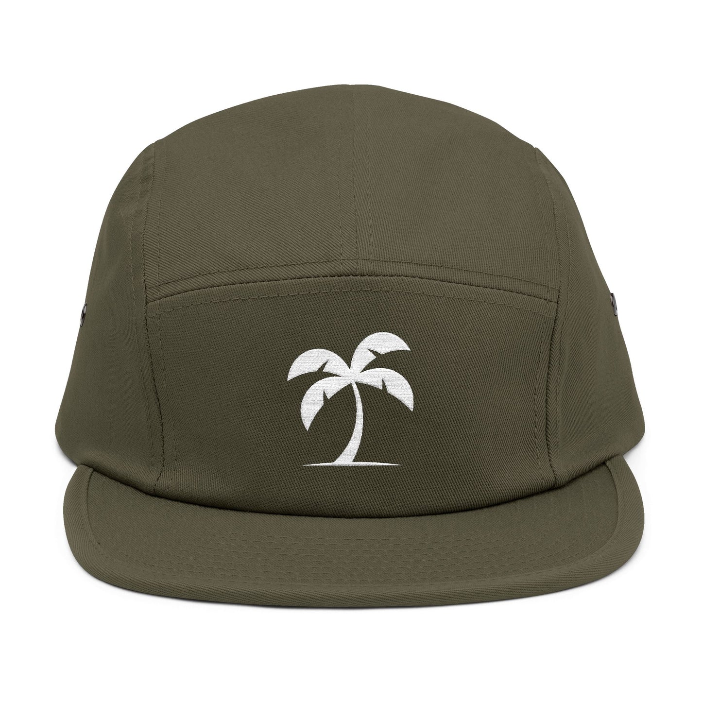 Green cap with a white palm tree design on a white background. Minimal palm tree silhouette embroidery design on 5-panel cap. TEEZOCA