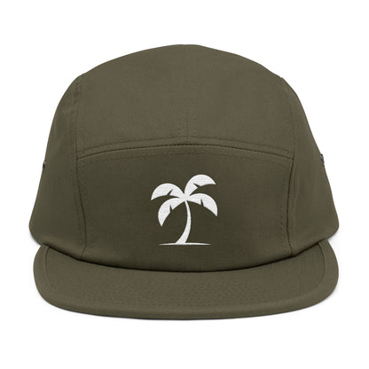 Green cap with a white palm tree design on a white background. Minimal palm tree silhouette embroidery design on 5-panel cap. TEEZOCA