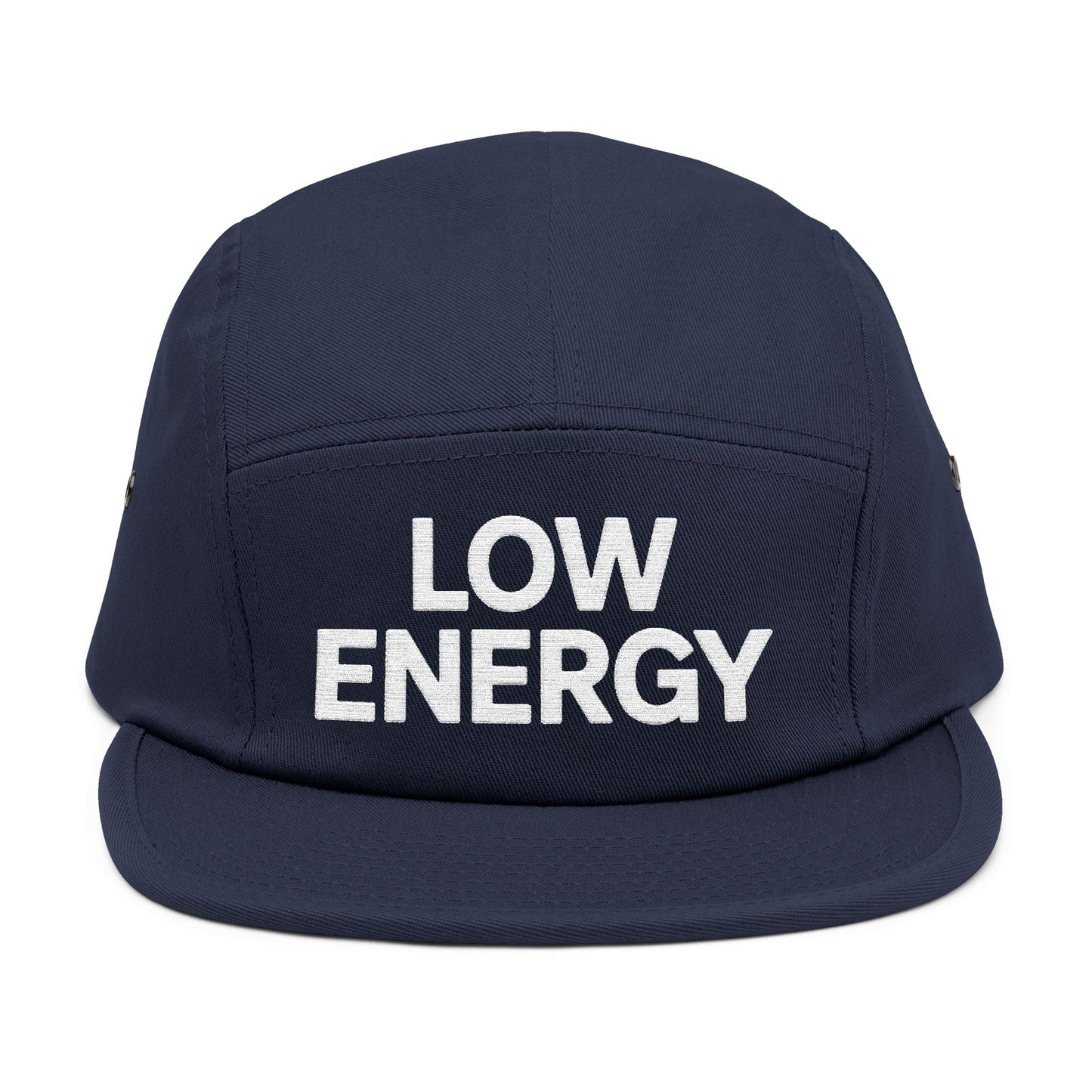 Navy blue cap with 'LOW ENERGY' text on a white background. Low Energy embroidered text on five-panel cap minimalist design. TEEZOCA