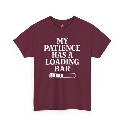 “Man wearing black ‘My Patience Has a Loading Bar’ funny sarcastic t‑shirt, front view.”

