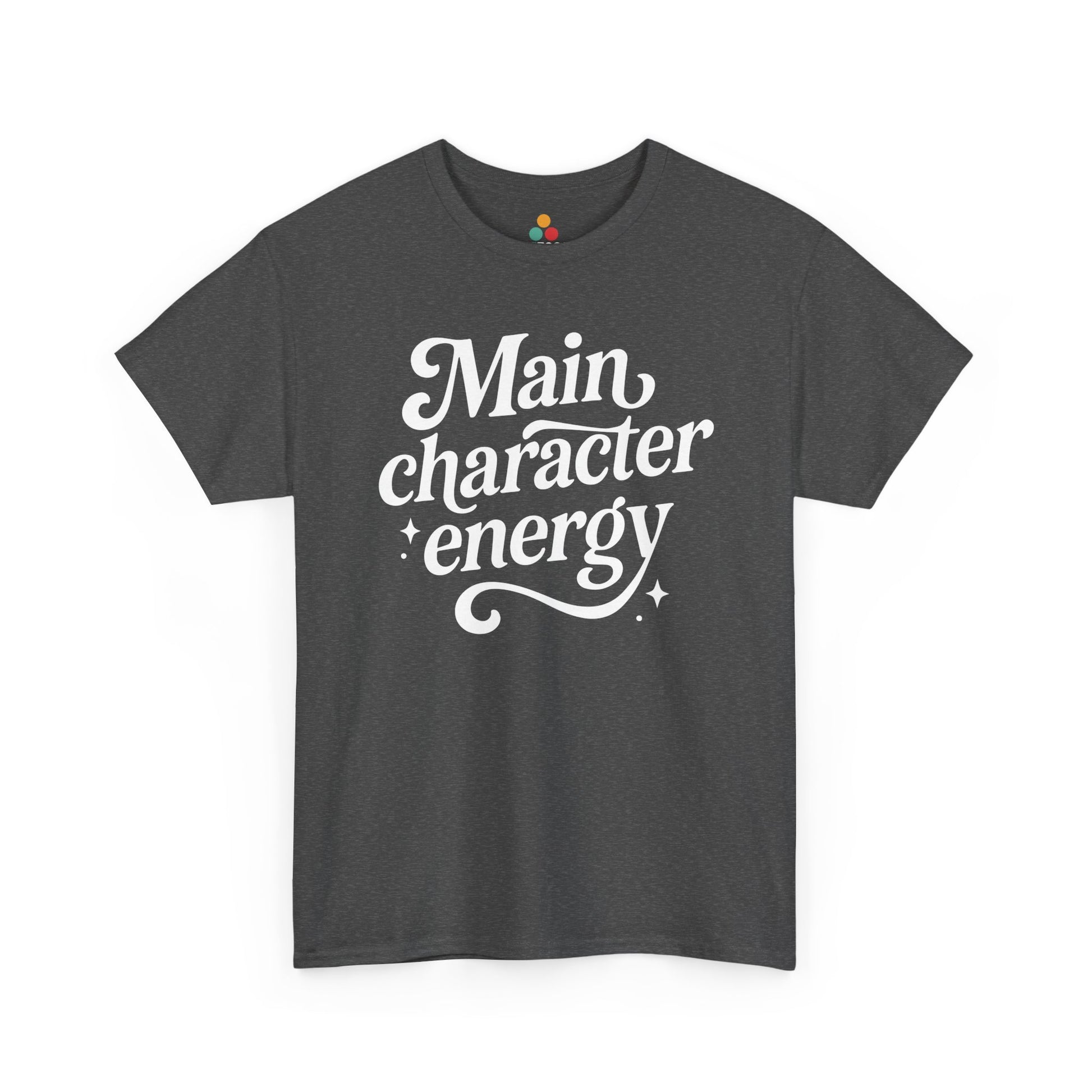 “Teezoca Main Character Energy shirt, white script text with curls, charcoal gray tee, front.”

