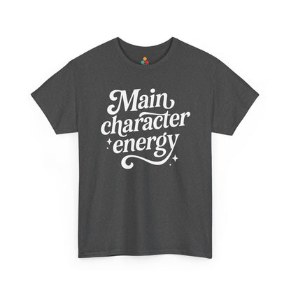 “Teezoca Main Character Energy shirt, white script text with curls, charcoal gray tee, front.”

