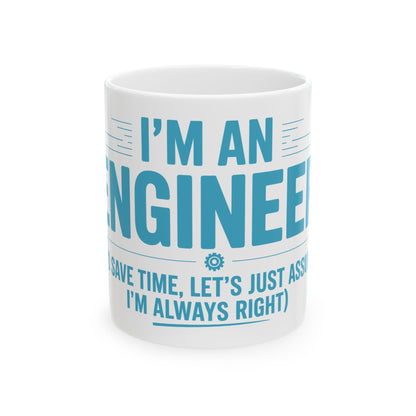 TEEZOCA White mug with blue text 'I'm an engineer. To save time, let's just assume I'm always right.' on a white background