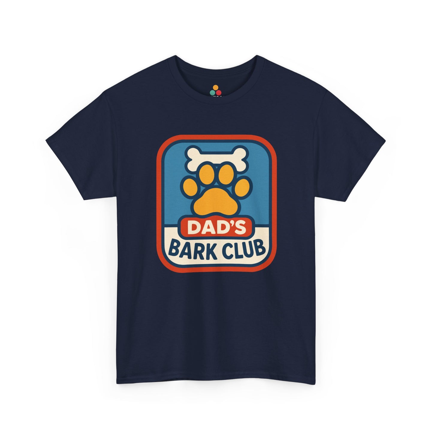 "Navy Blue 'Dad's Bark Club' t‑shirts featuring colorful dog paw print and bone, flat view."


