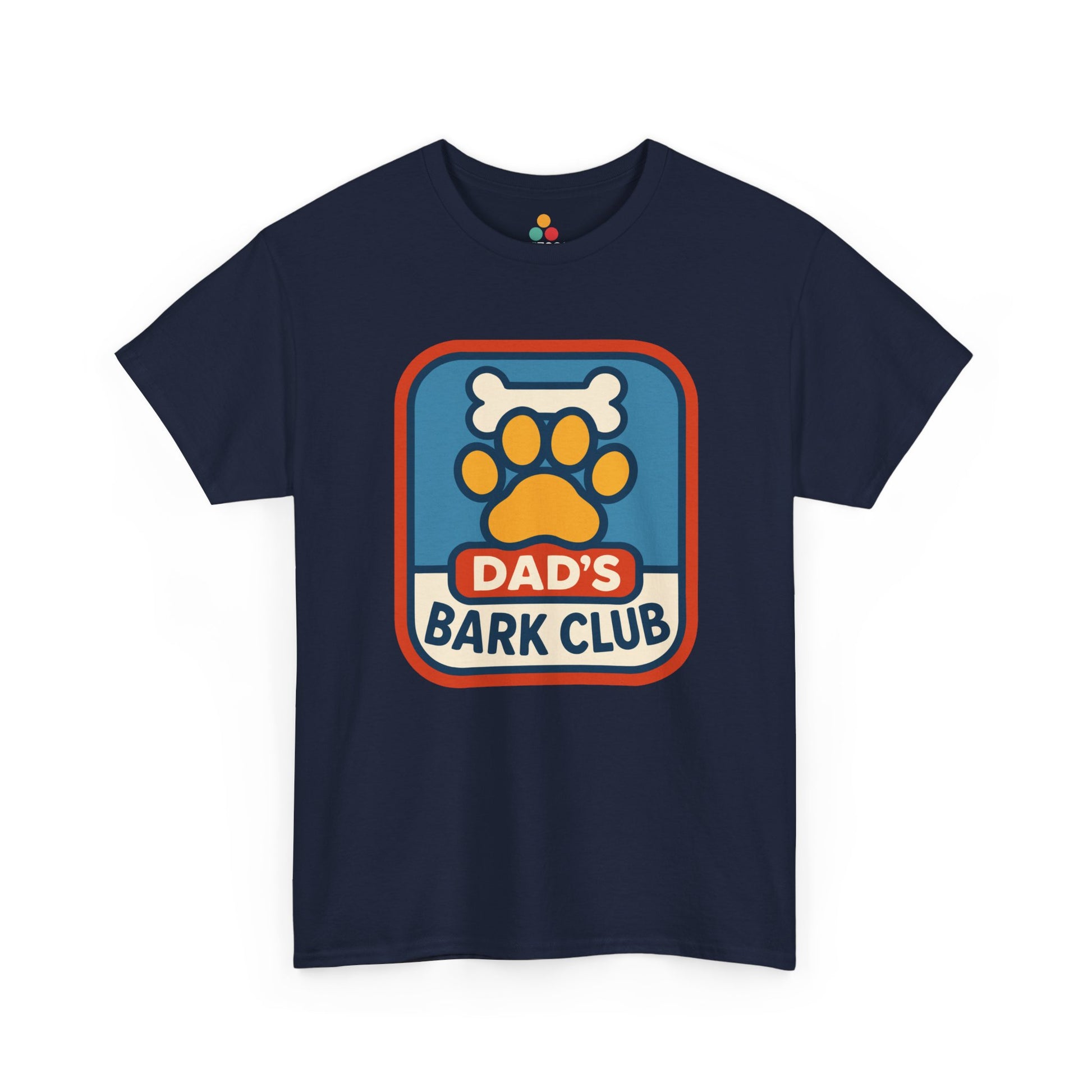 "Navy Blue 'Dad's Bark Club' t‑shirts featuring colorful dog paw print and bone, flat view."

