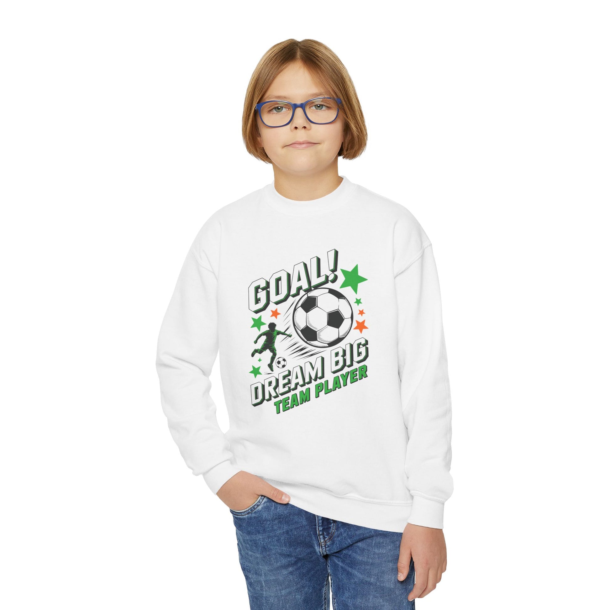 Youth Soccer Crewneck Sweatshirt — "Goal! Dream Big Team Player" TEEZOCA