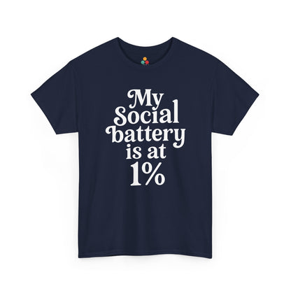 “Teezoca My Social Battery Is At 1% t-shirt, bold white funny saying, royal blue tee, front view.”

