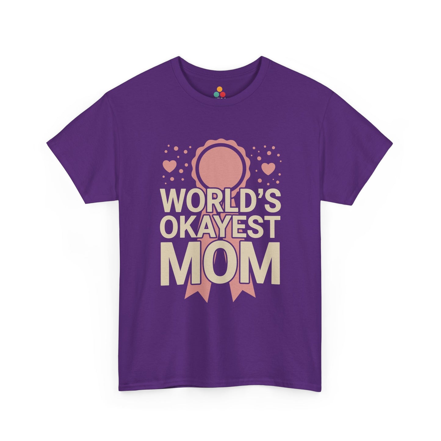 TEEZOCA purple "World's Okayest Mom" funny motherhood graphic tee displayed flat.