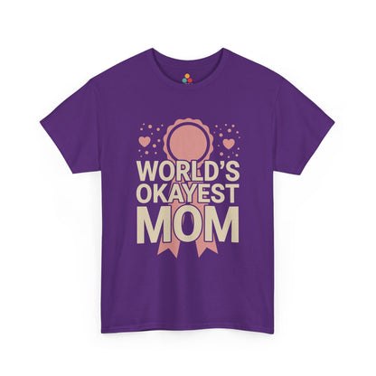TEEZOCA purple "World's Okayest Mom" funny motherhood graphic tee displayed flat.