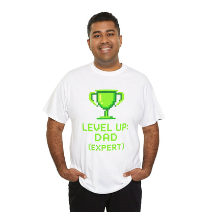 “Man wearing white ‘Level Up: Dad (Expert)’ gamer trophy t‑shirt, front view.”

