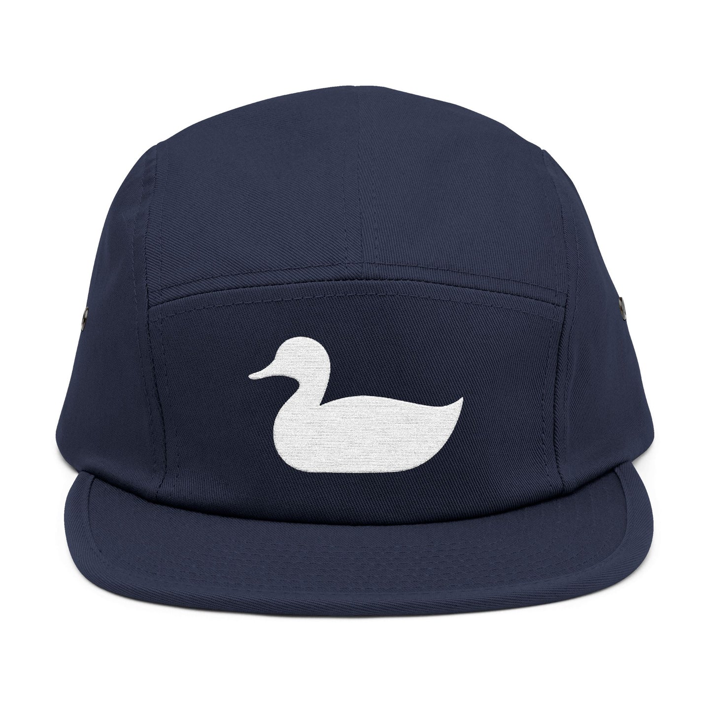 Navy blue cap with a white duck logo on a white background. Minimal duck silhouette embroidered on 5-panel cap by TEEZOCA