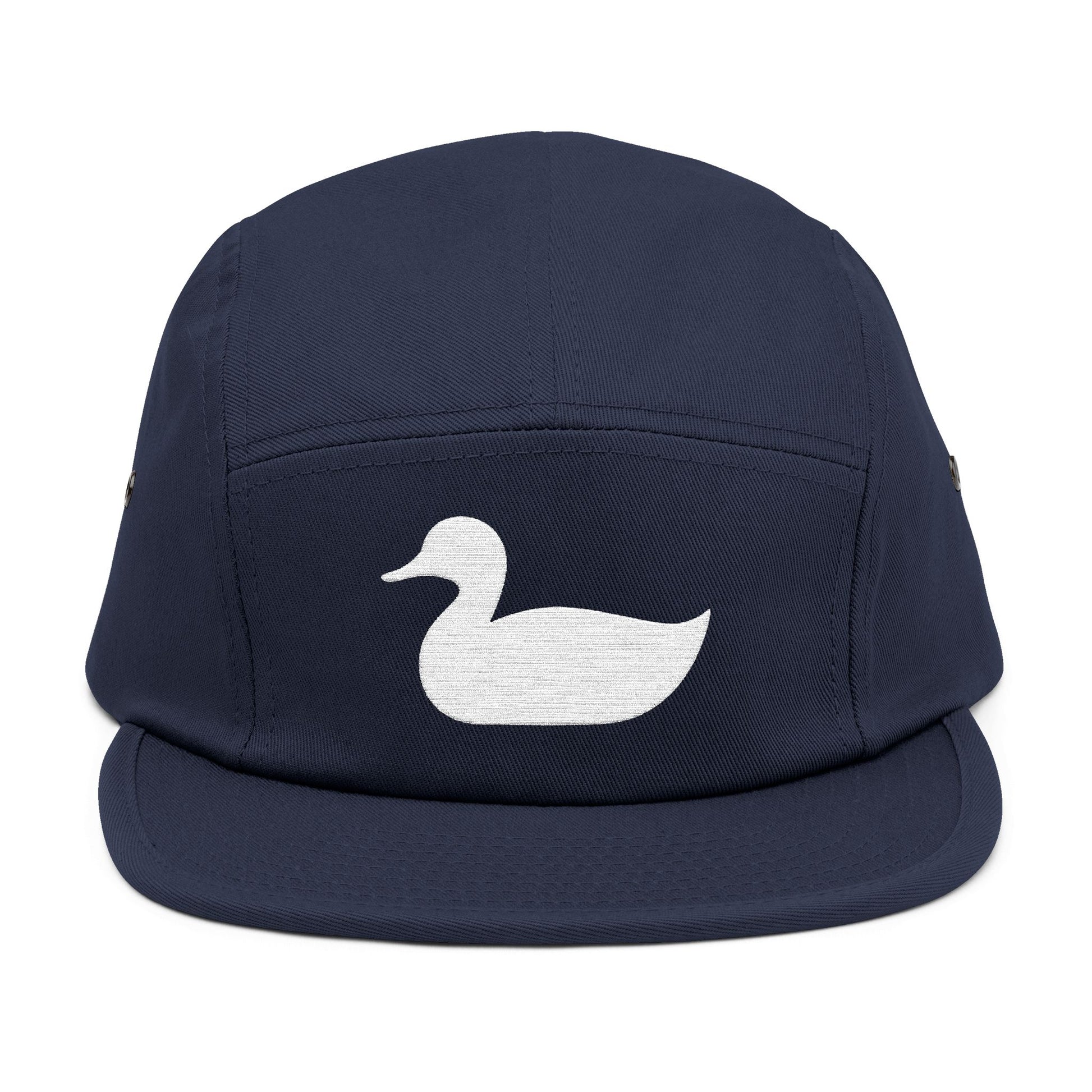 Navy blue cap with a white duck logo on a white background. Minimal duck silhouette embroidered on 5-panel cap by TEEZOCA