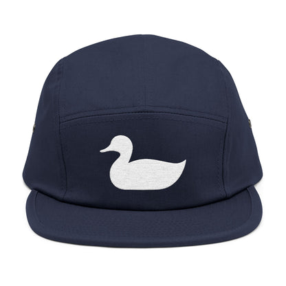 Navy blue cap with a white duck logo on a white background. Minimal duck silhouette embroidered on 5-panel cap by TEEZOCA