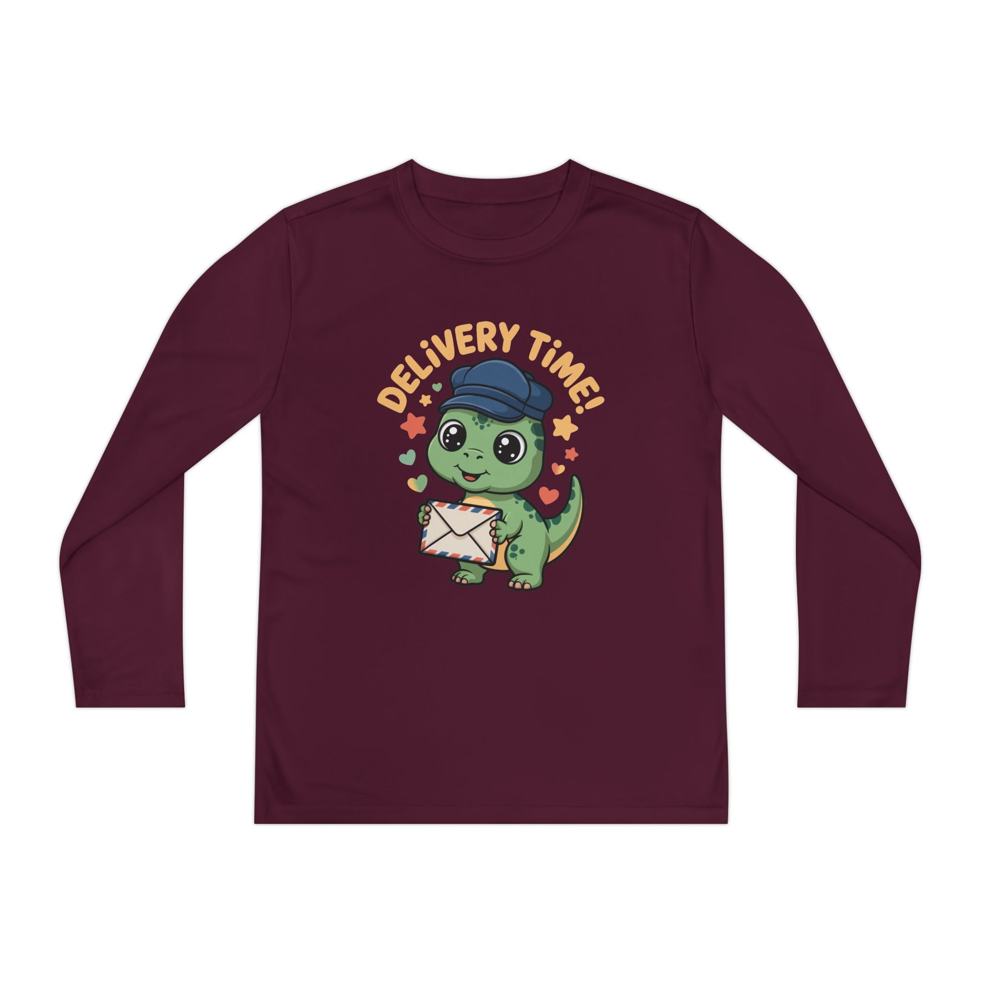 Youth Long Sleeve Tee — Cute Dino 'Delivery Time!' Mail Carrier Shirt TEEZOCA