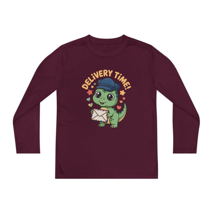 Youth Long Sleeve Tee — Cute Dino 'Delivery Time!' Mail Carrier Shirt TEEZOCA
