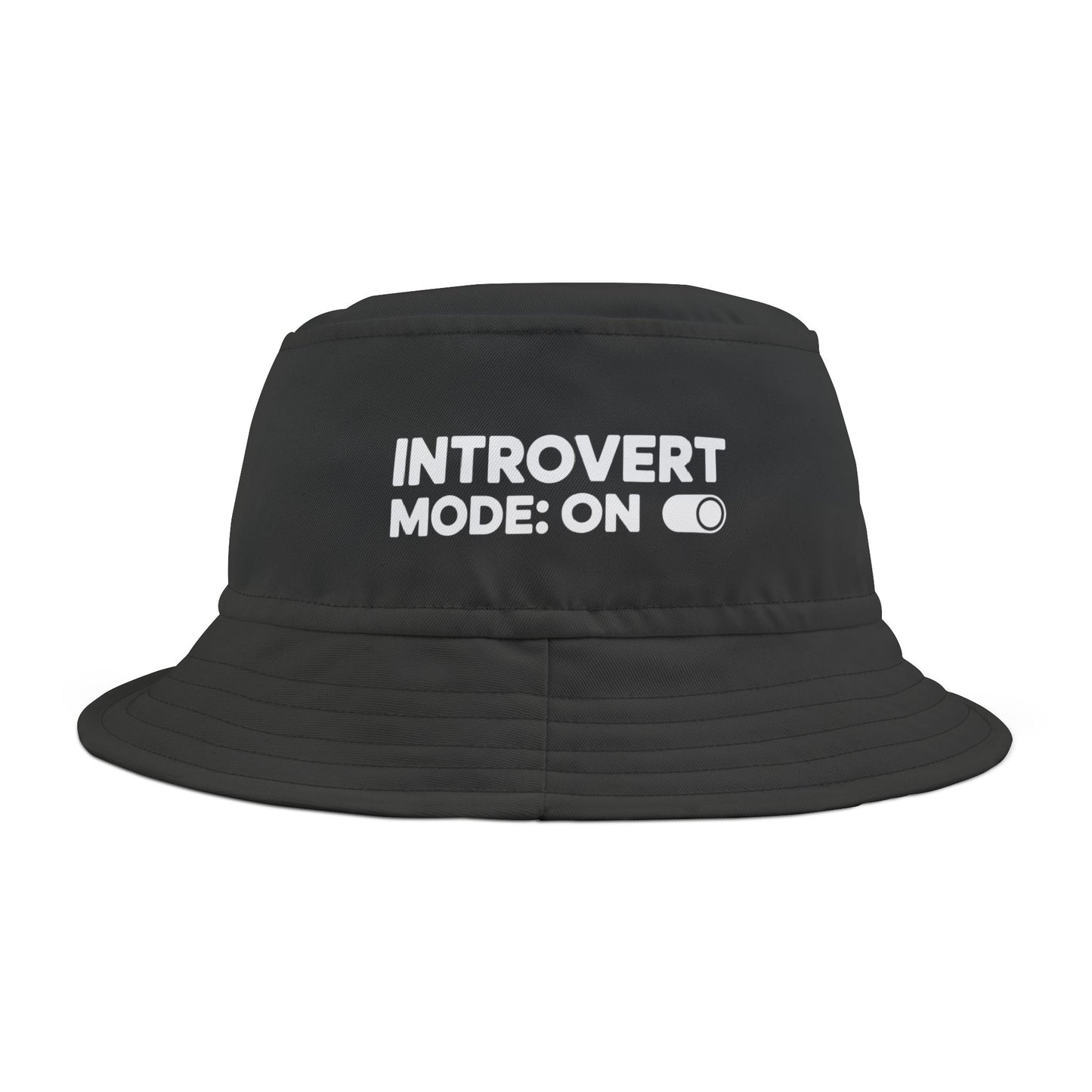 Funny black bucket hat with 'Introvert Mode: ON' text on a white background. TEEZOCA