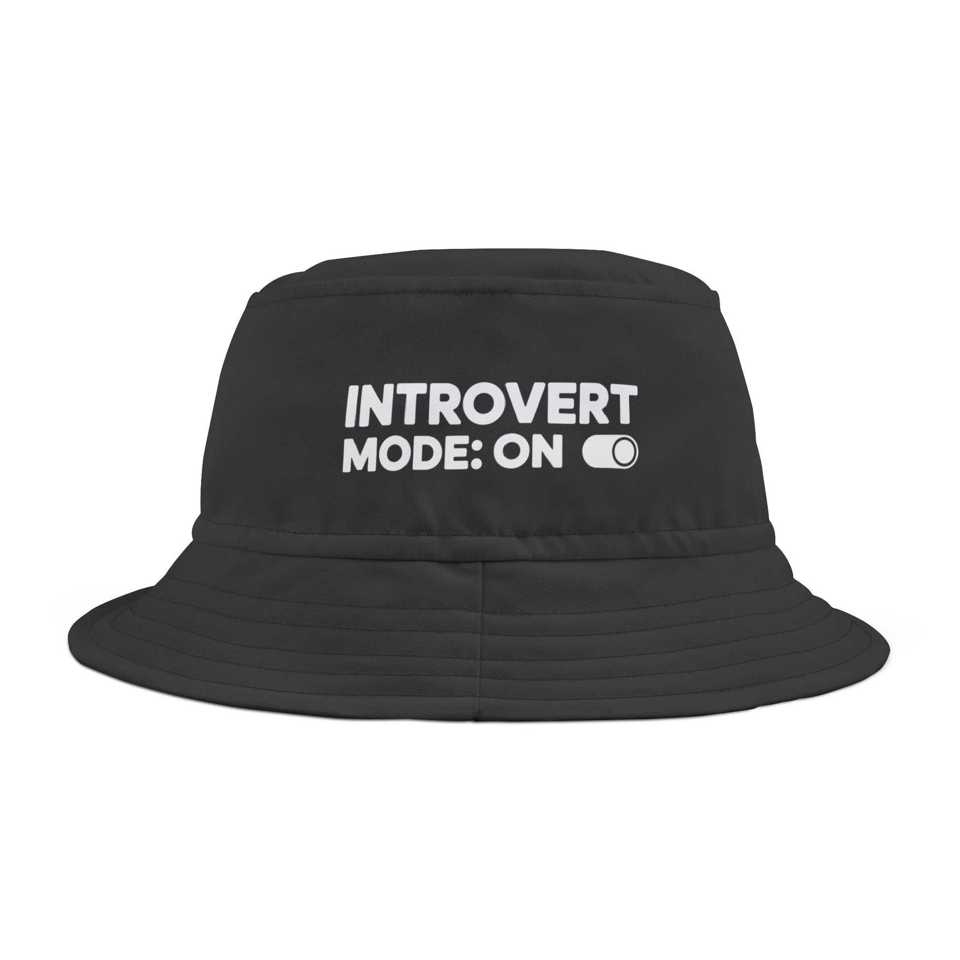 Funny black bucket hat with 'Introvert Mode: ON' text on a white background. TEEZOCA