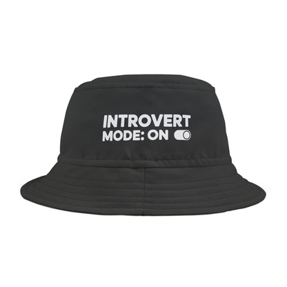 Funny black bucket hat with 'Introvert Mode: ON' text on a white background. TEEZOCA