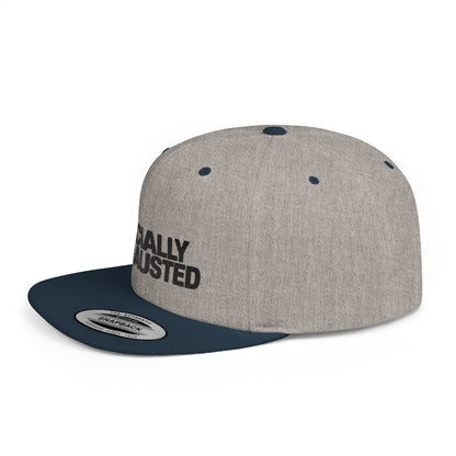 Gray and navy cap with 'HALLY BLUSTED' text on a white background