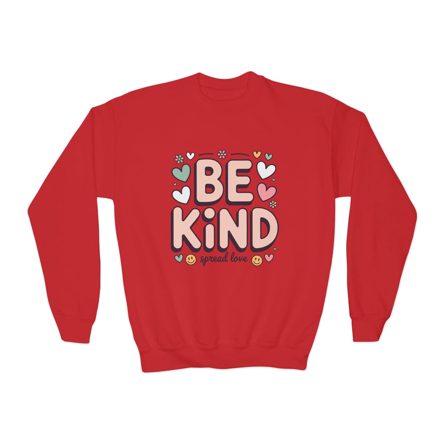 Be Kind Youth Crewneck Sweatshirt — Cute Heart Graphic, Spread Love Kids Sweater TEEZOCA
