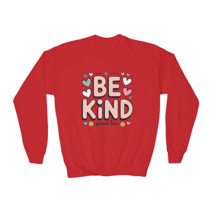 Be Kind Youth Crewneck Sweatshirt — Cute Heart Graphic, Spread Love Kids Sweater TEEZOCA