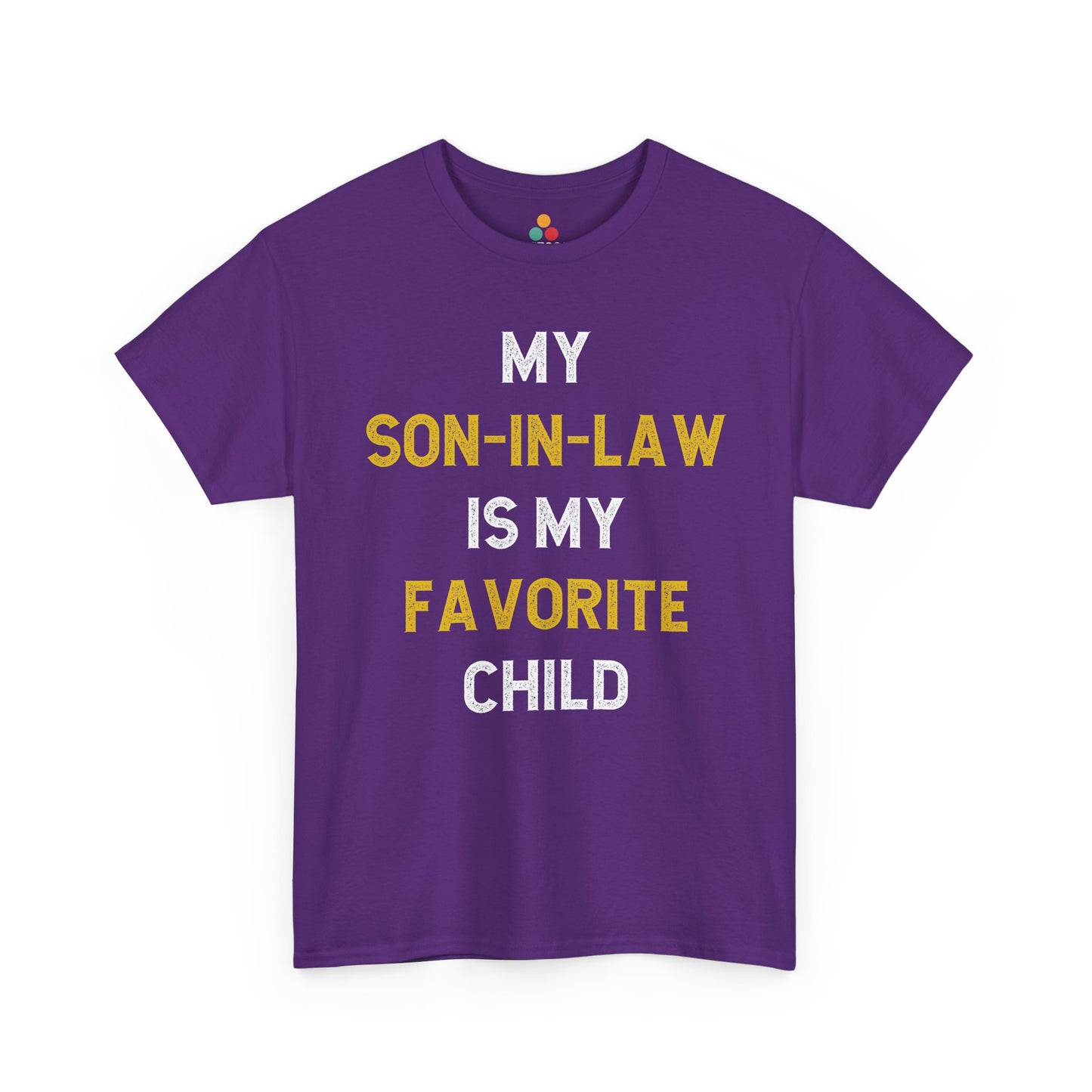 TEEZOCA purple “My Son‑In‑Law Is My Favorite Child” in‑law joke t‑shirt shown flat.