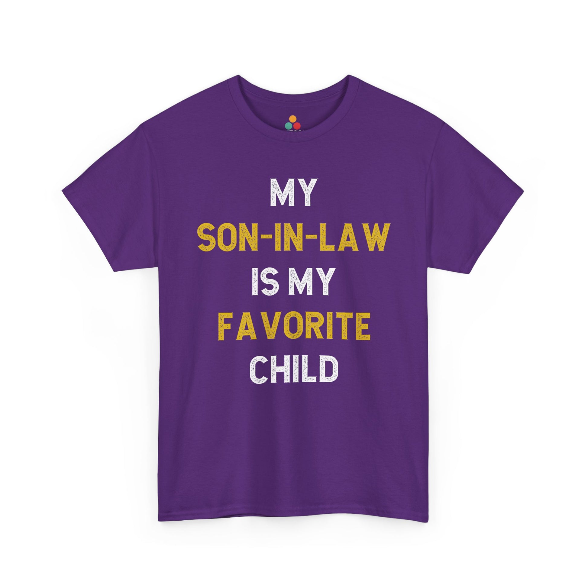 TEEZOCA purple “My Son‑In‑Law Is My Favorite Child” in‑law joke t‑shirt shown flat.