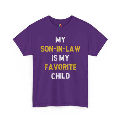 TEEZOCA purple “My Son‑In‑Law Is My Favorite Child” in‑law joke t‑shirt shown flat.