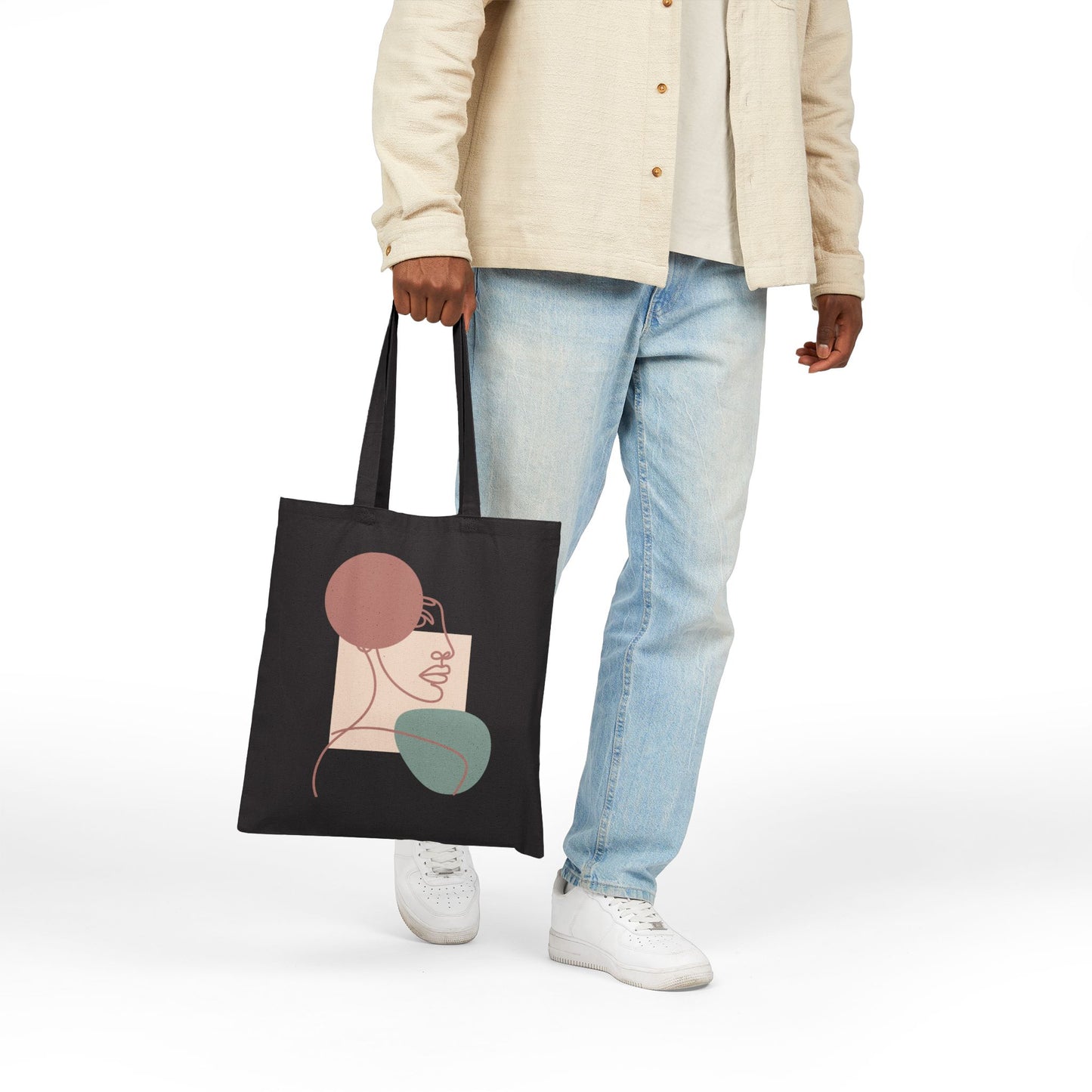 Modern line art portrait with soft neutral shapes on a TEEZOCA tote bag