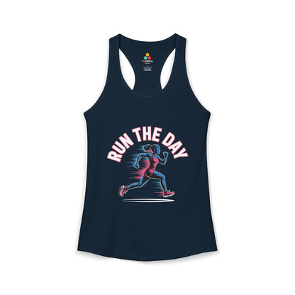 TEEZOCA women’s running tank top with motivational “Run The Day” fitness graphic