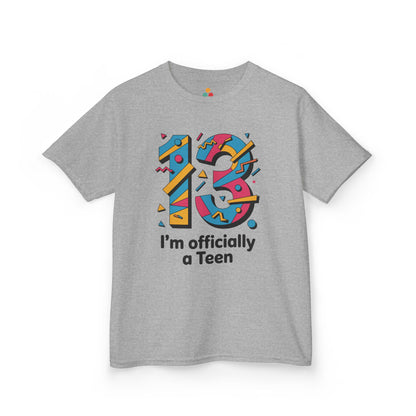 Heather grey t‑shirt with colorful geometric “13” and “I’m officially a Teen” text, flat front view.