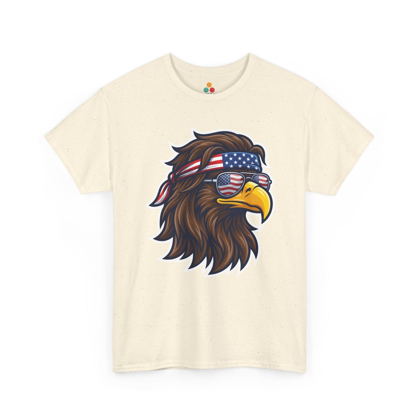 Close-up view of TEEZOCA T-Shirt featuring a fierce bald eagle wearing a USA flag bandana and star-spangled sunglasses printed 