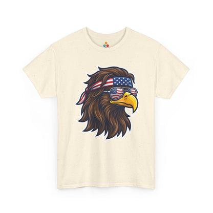 Close-up view of TEEZOCA T-Shirt featuring a fierce bald eagle wearing a USA flag bandana and star-spangled sunglasses printed 