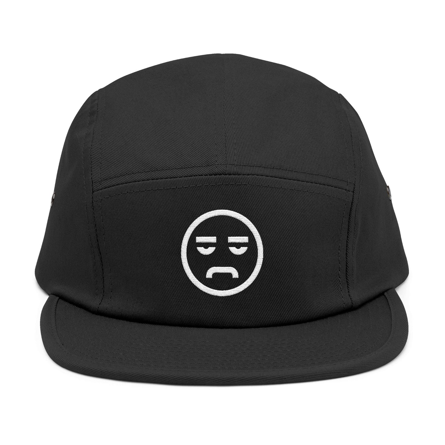 Black cap with a white logo on a white background. Neutral mood icon with flat eyebrows and frown for embroidered hats. TEEZOCA