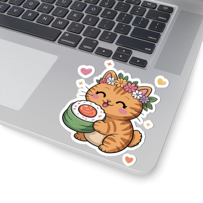TEEZOCA cute kawaii cat sushi sticker with smiling pastel cat holding sushi roll