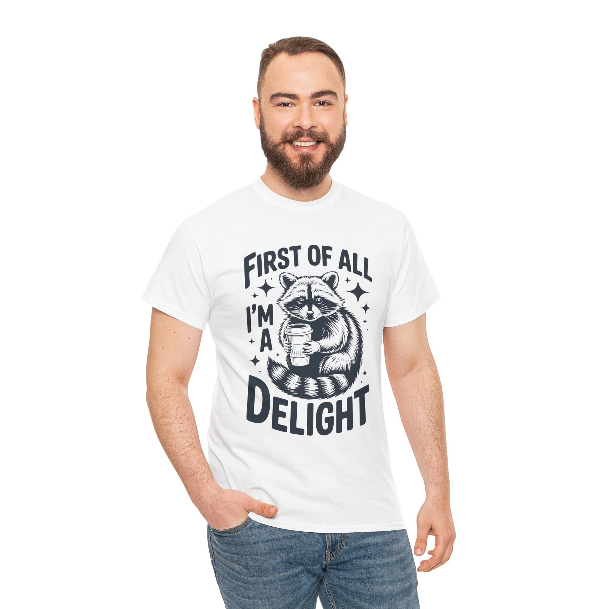 Man wearing a TEEZOCA “First Of All I’m A Delight” coffee raccoon graphic tee.