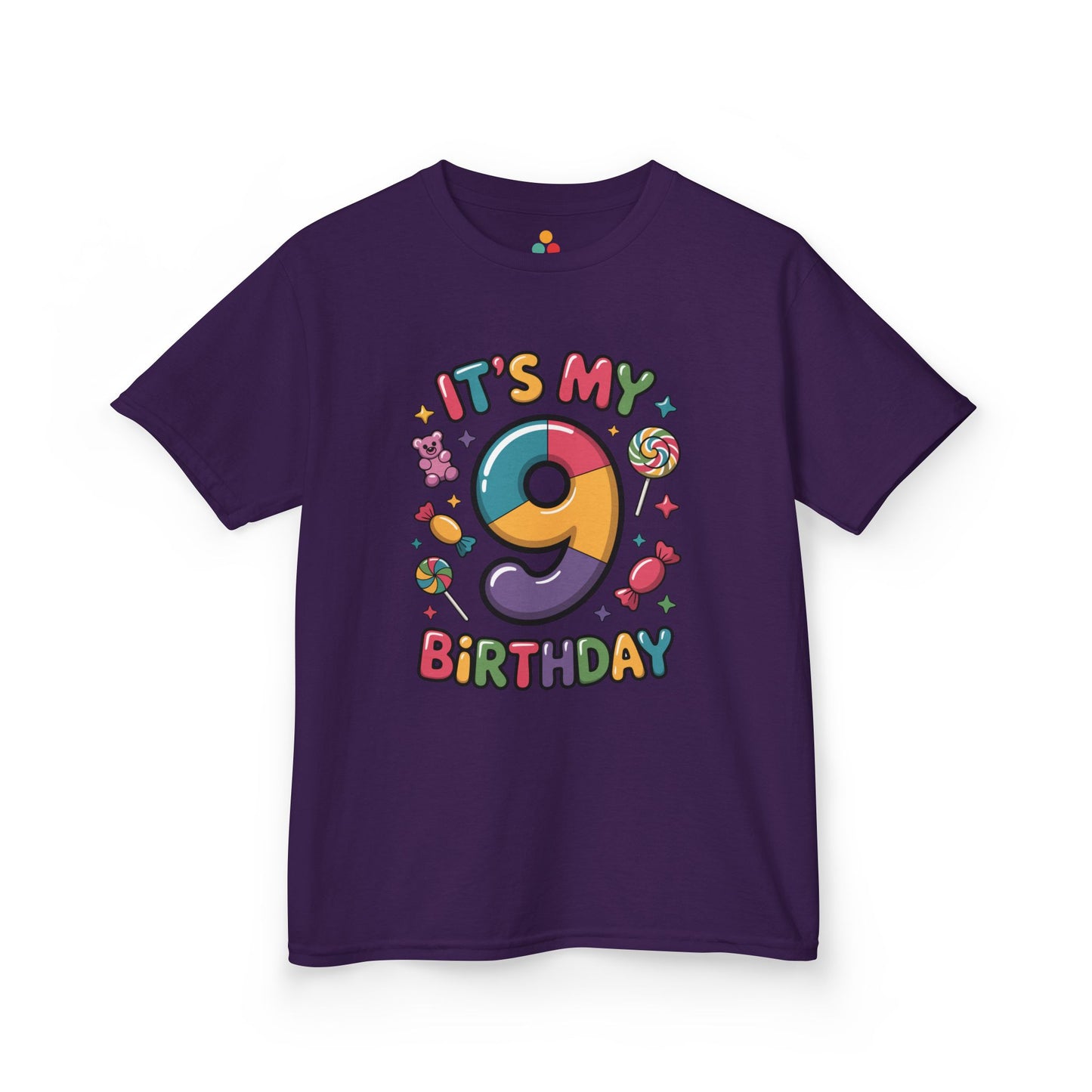 “Purple kids ‘It’s My 9th Birthday’ candy t-shirt, rainbow number 9 and sweets graphic, front view.”

