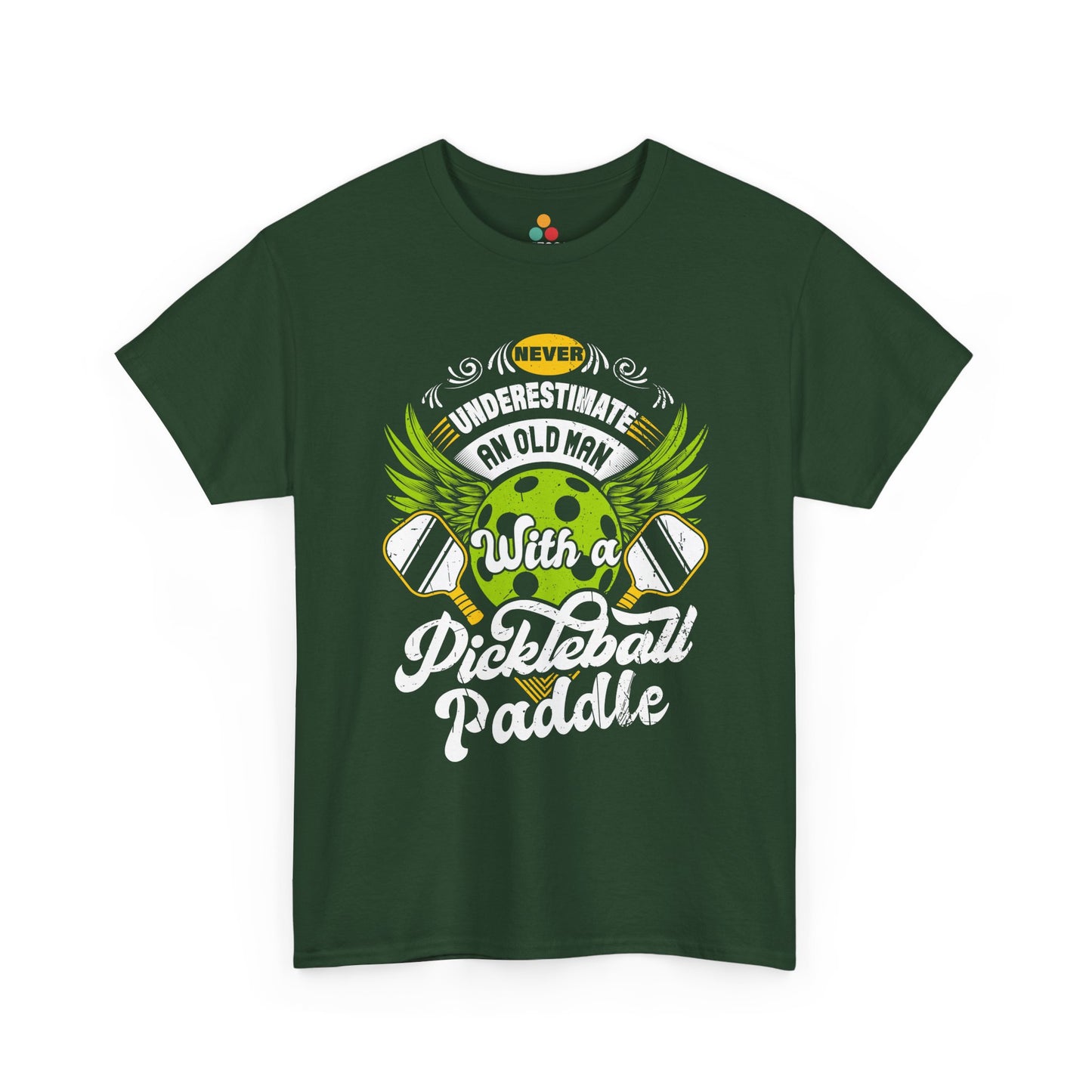 “Teezoca dark green Never Underestimate an Old Man with a Pickleball Paddle shirt, distressed paddles and winged ball, senior league pickleball shirt, front.”

