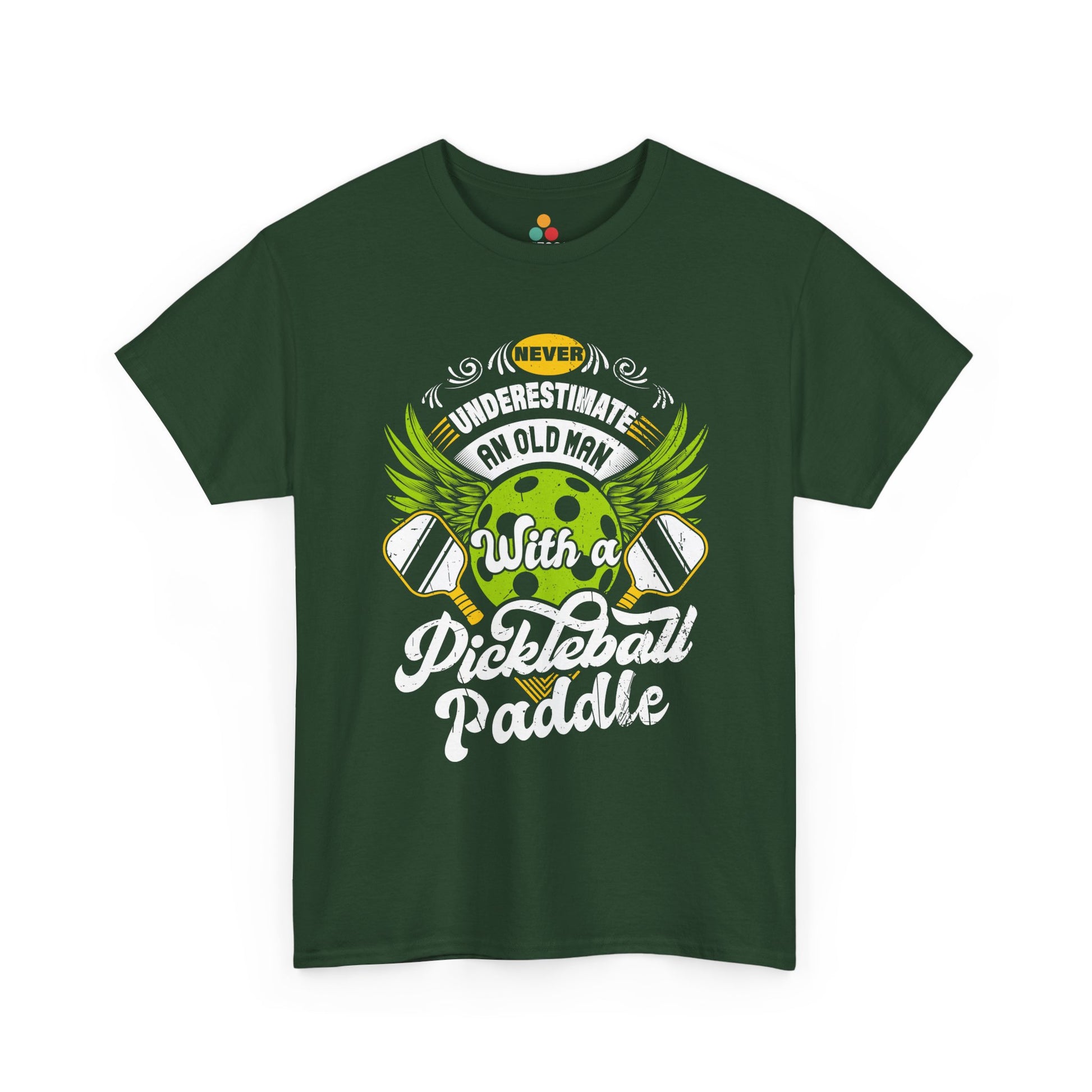 “Teezoca dark green Never Underestimate an Old Man with a Pickleball Paddle shirt, distressed paddles and winged ball, senior league pickleball shirt, front.”

